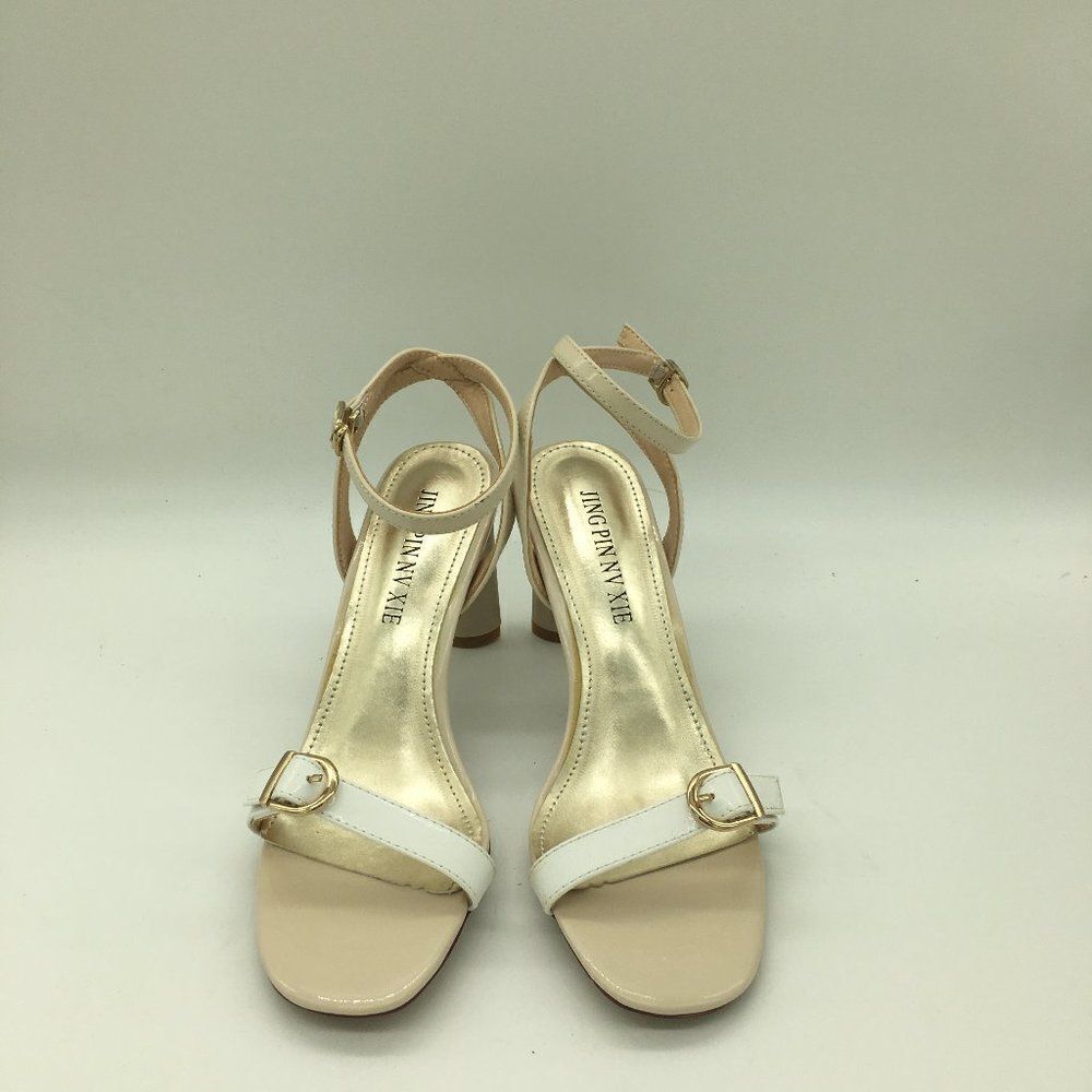 Nude Women Sandals Open Toe Stacked Mid Heel Strappy Shoes